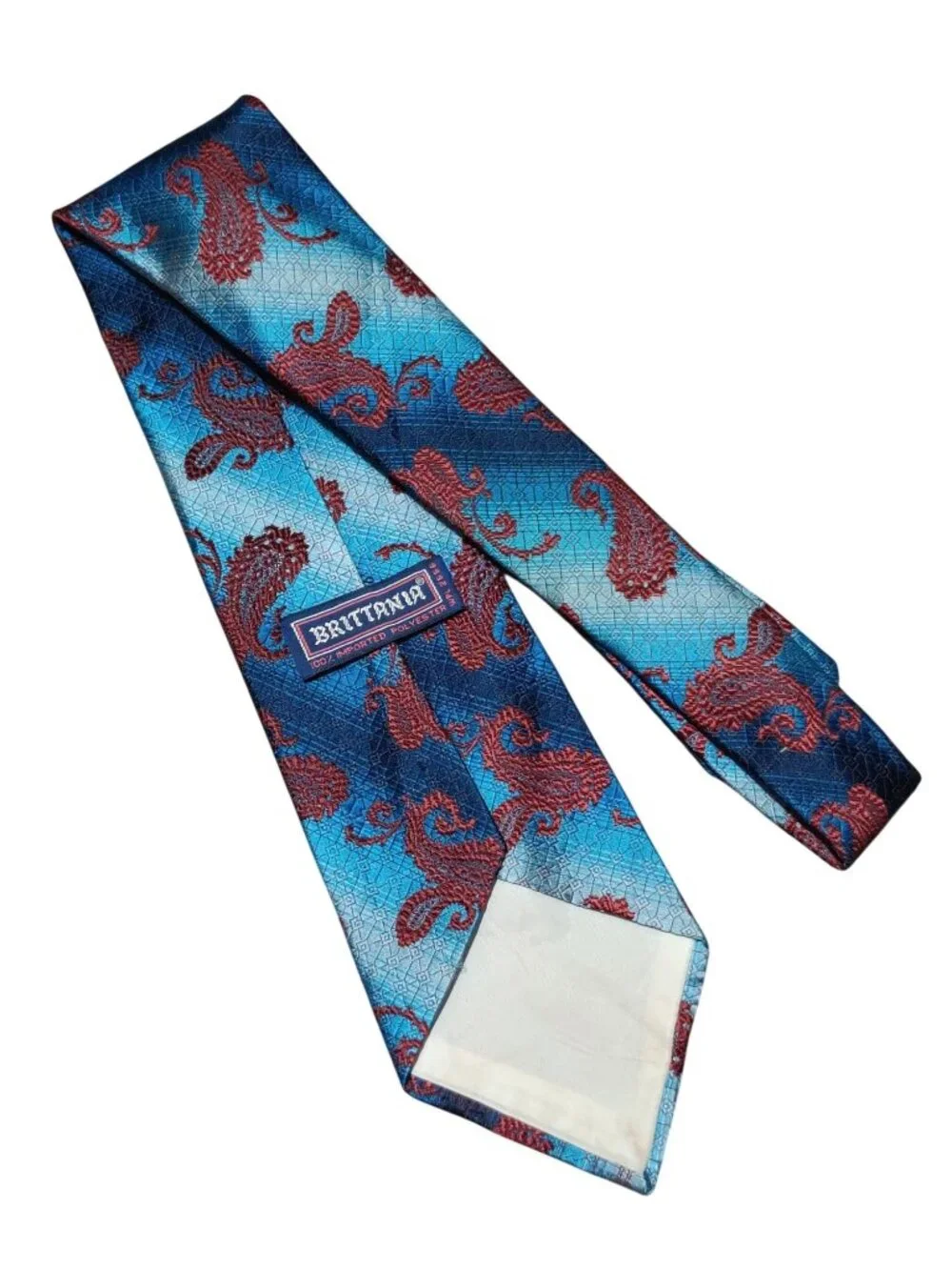 Brittania Necktie Vintage 1980s Blue Burgundy Paisley Geometric Wide Retro Tie